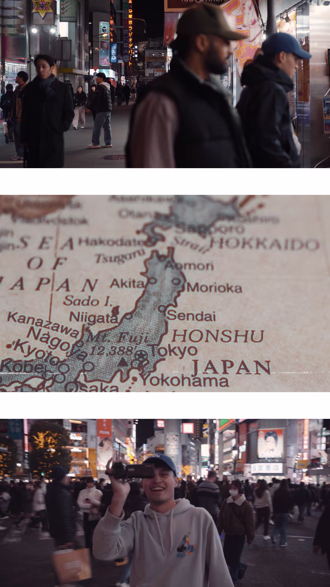Frame strip: Tokyo at night, a map of Japan, a city crowd