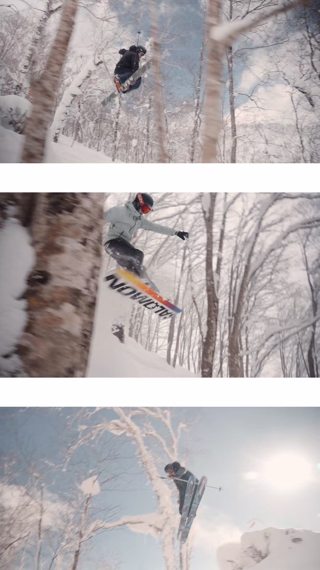 Frame strip: skier airborne through birch trees