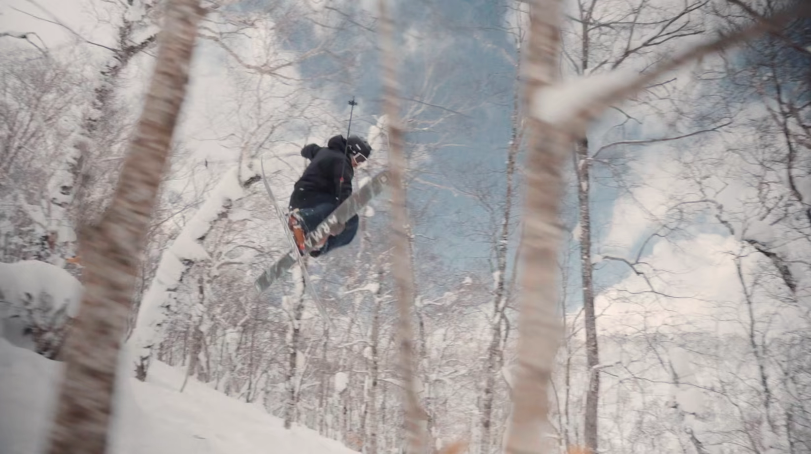 Skier jumping through birch trees against a blue sky