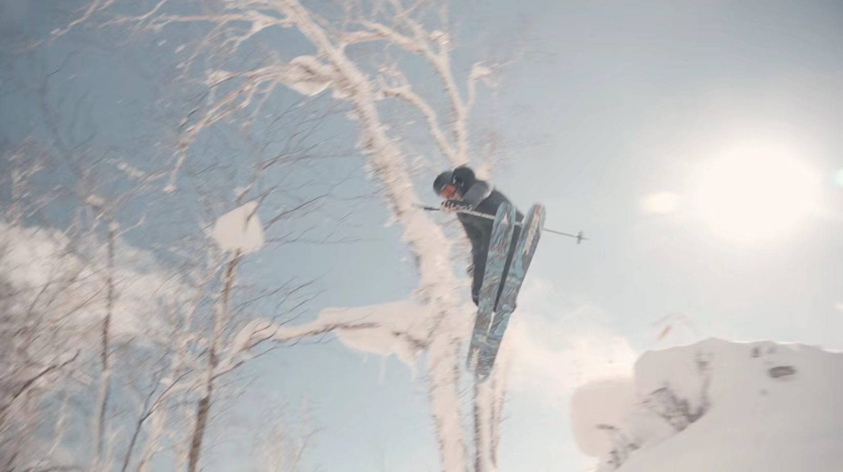 Skier backlit by low sun in frosted trees