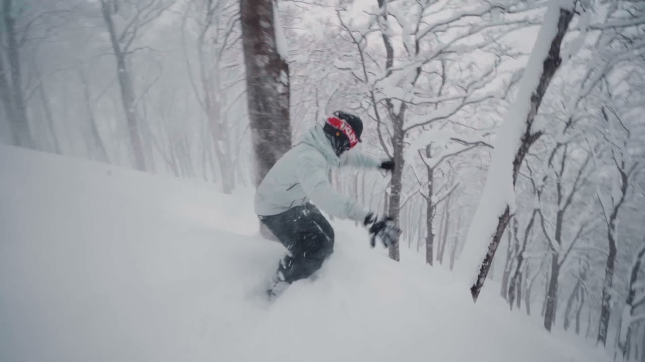 Skier dropping through snow-loaded trees